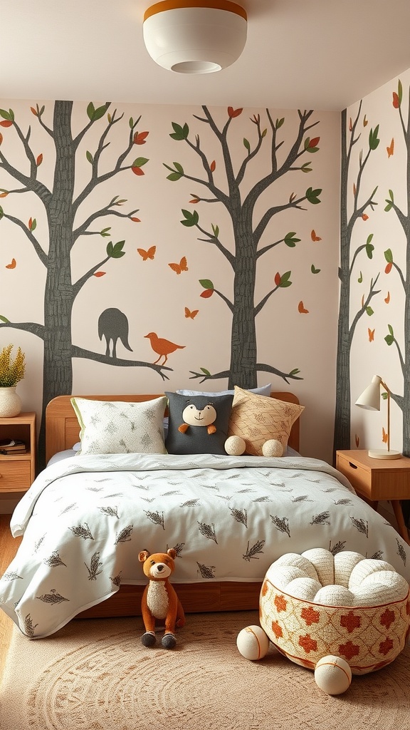 A cozy toddler boy bedroom featuring woodland-themed decor, tree wall art, nature-inspired bedding, and soft toys.