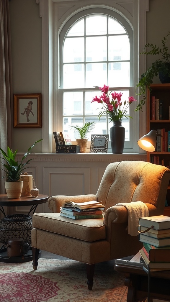 Cozy reading corner with a comfortable chair, books, and plants.