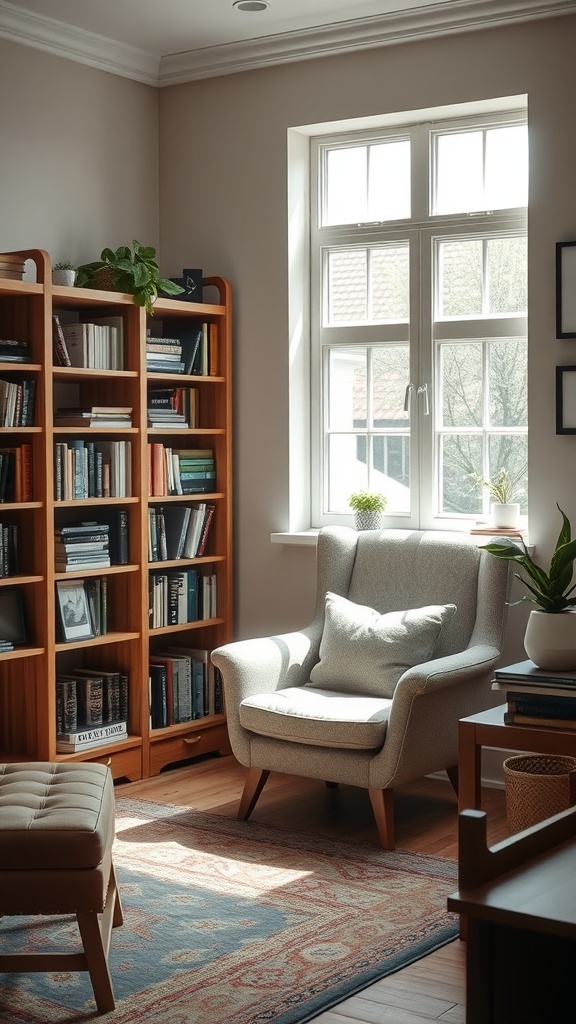 A cozy reading nook with a chair, bookshelf, and natural light