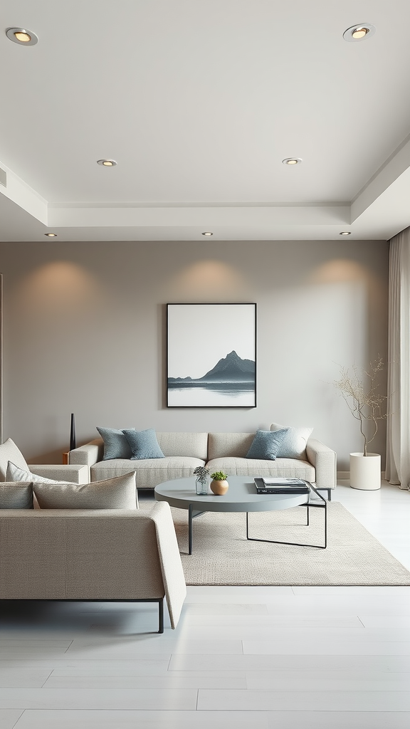 A minimalist living room featuring a light grey couch, beige accents, and a black coffee table.