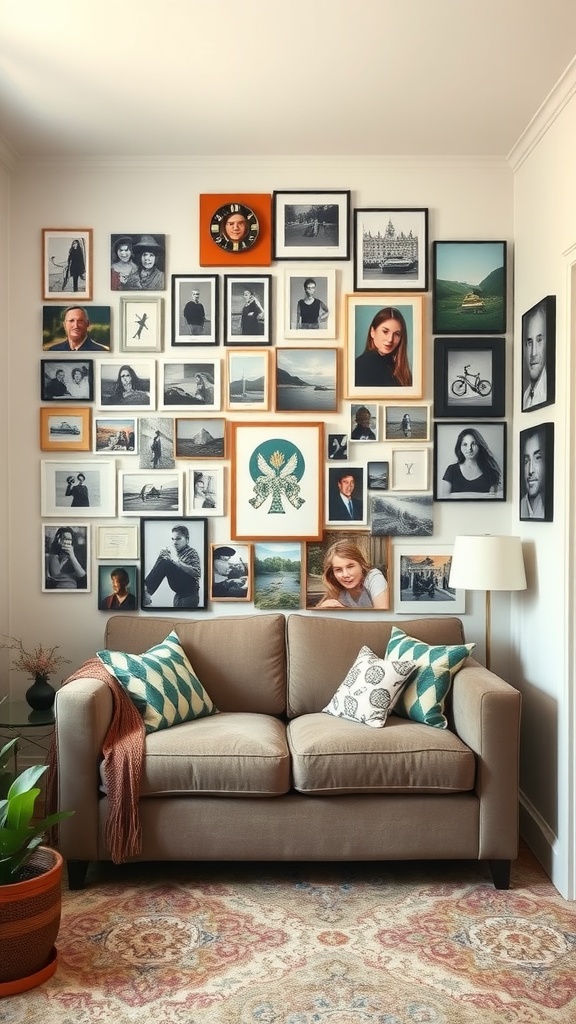 A cozy living room with a gallery wall of framed photographs and art above a sofa.