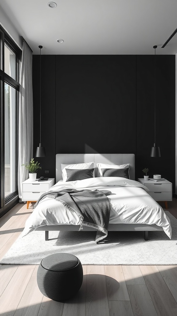 Modern black and white bedroom with large windows and minimalist furniture.