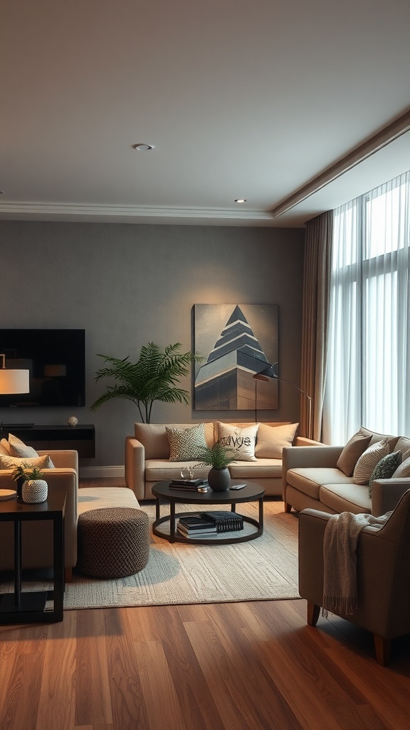 A cozy living room with a light grey couch and beige decor, illuminated by soft lighting.