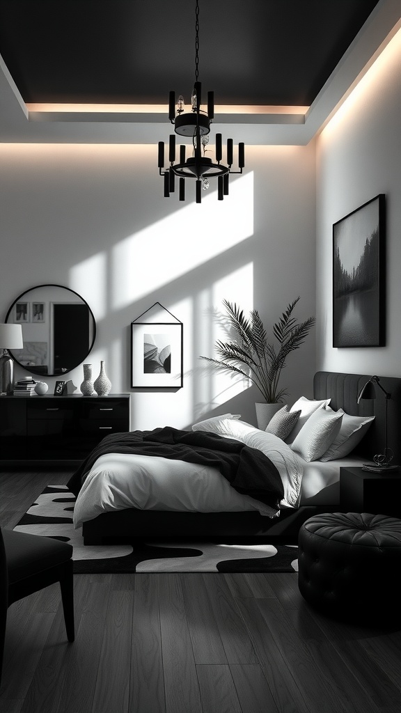 A stylish black, white, and gray bedroom featuring a black ceiling, elegant chandelier, and layered bedding.