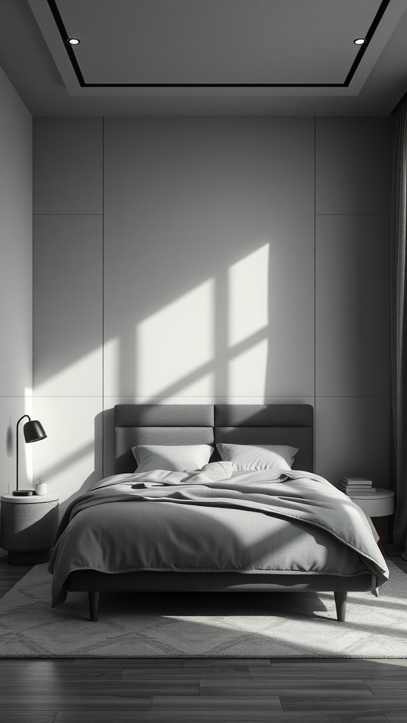 A stylish bedroom featuring shades of black, white, and gray with layered colors.