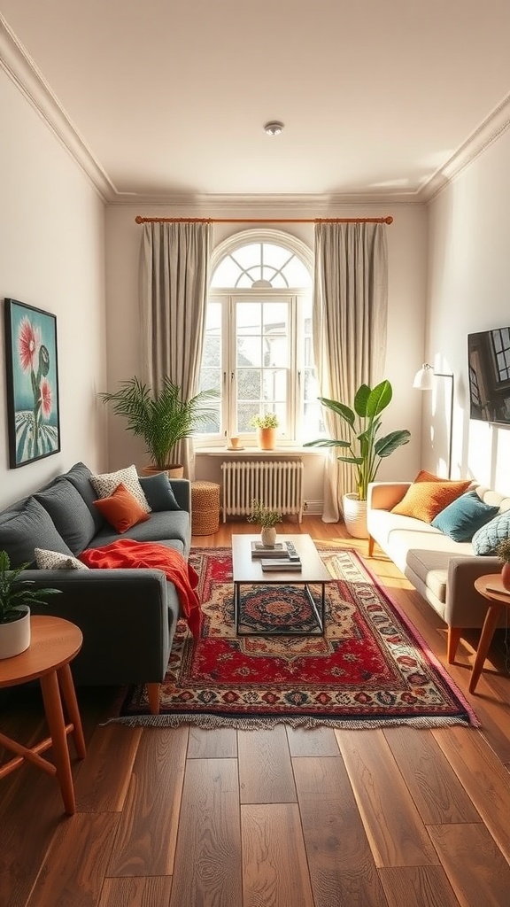 A small, cozy living room with two sofas, a coffee table, and a vibrant area rug.