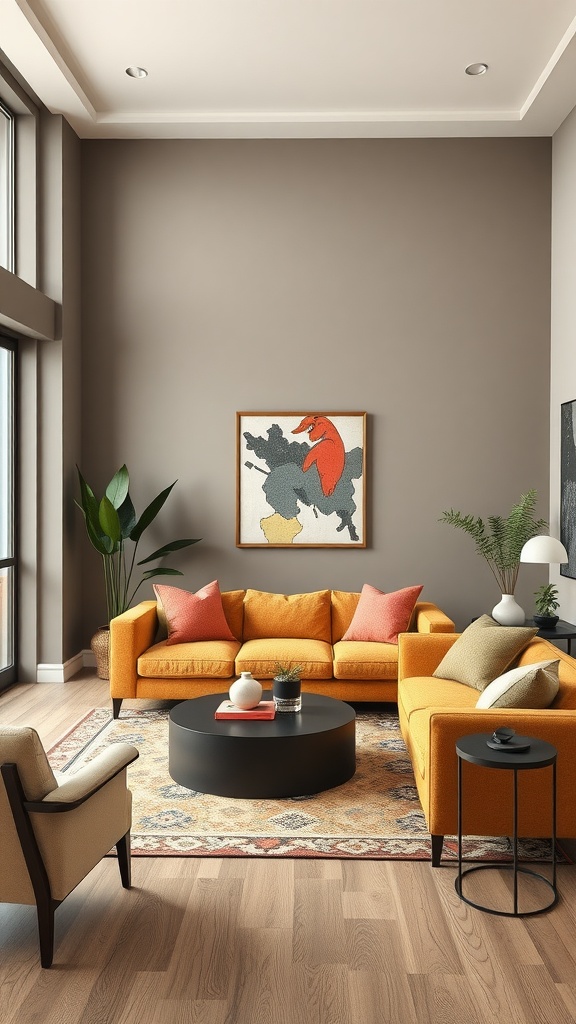 Cozy living room with bold orange sofa, neutral armchair, and a round coffee table