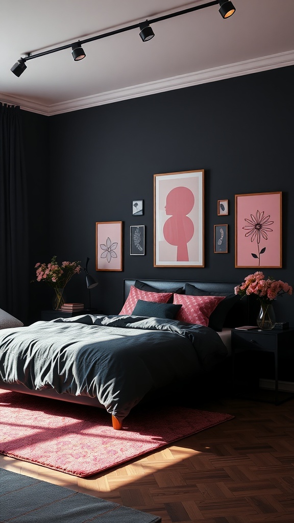 A stylish bedroom featuring a black wall with pink art decor, a cozy bed with patterned pillows, and flowers in a vase.