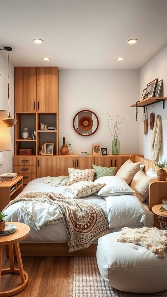 A cozy boho bedroom featuring warm wooden furniture, a piled bed with pillows, and decorative shelves.