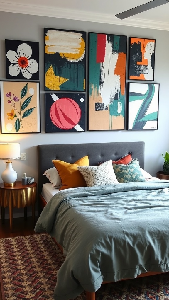 Colorful gallery wall art in a bedroom