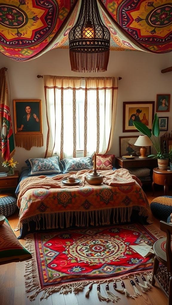 A cozy western boho bedroom featuring a tapestry, eclectic artwork, and warm colors.