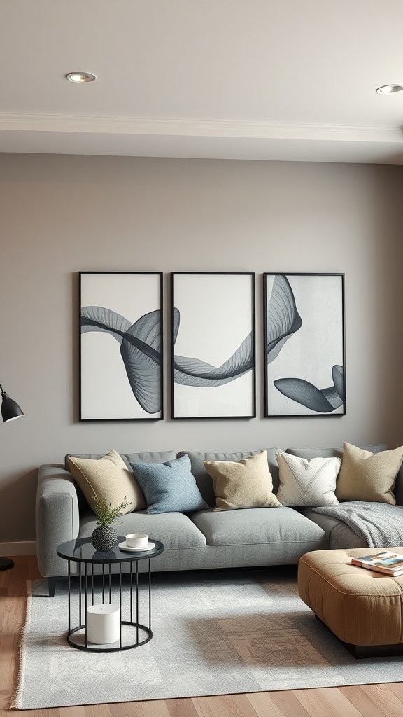 A stylish living room with a light gray couch, abstract art on the wall, and cozy decor elements.