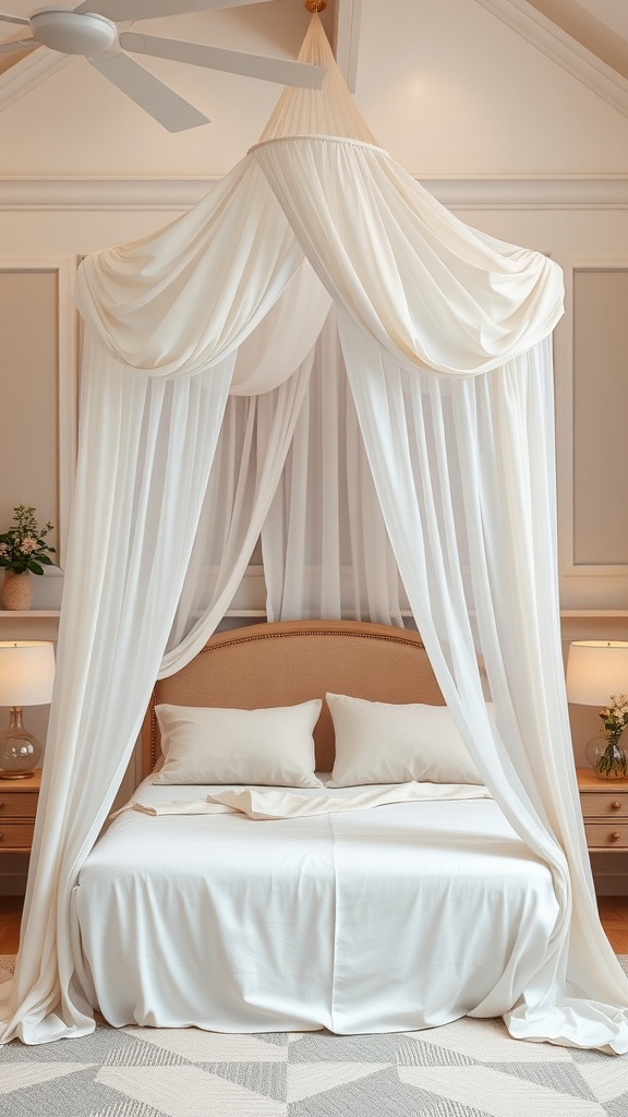 A cozy bed with a white customizable canopy draped above, creating a soft and inviting atmosphere.