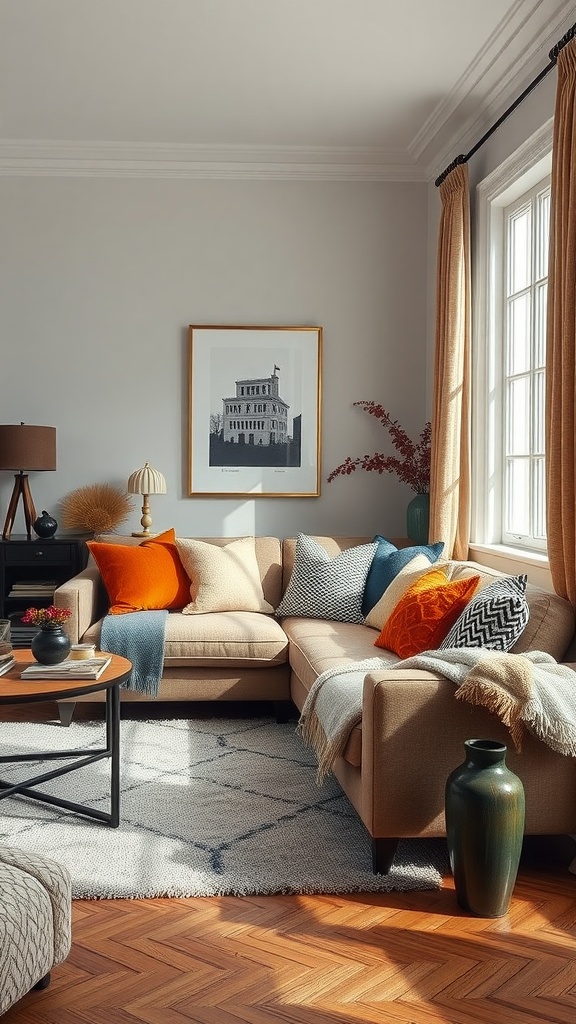 A cozy living room with a sectional sofa, colorful throw pillows, a round coffee table, and a plush rug.