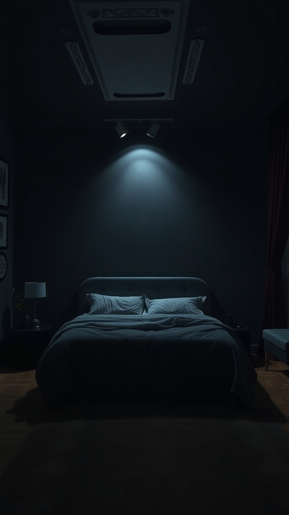 Cozy bedroom with dark walls and soft lighting