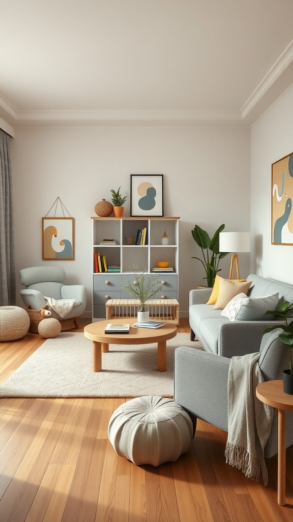 A cozy gray and beige living room featuring a light gray couch, wooden coffee table, and decorative elements.