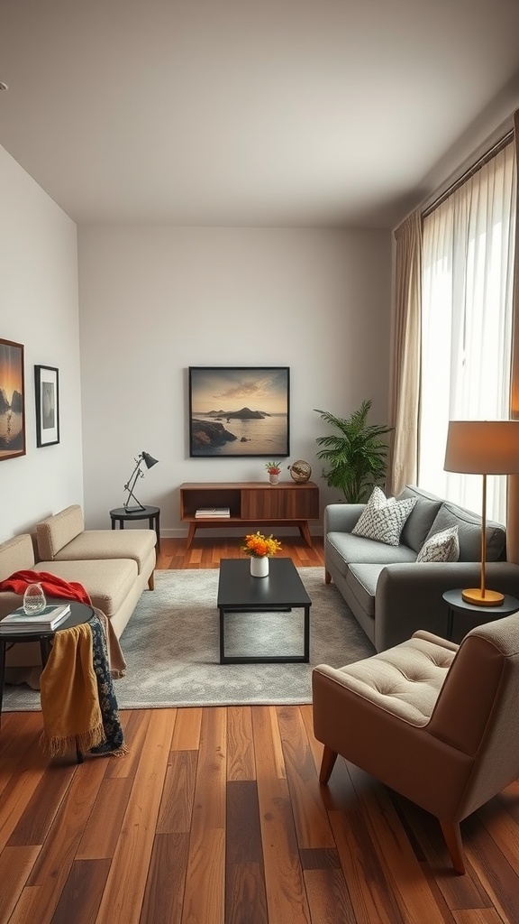 A small living room with floating furniture arrangement, featuring a blend of sofas, a coffee table, and natural light.