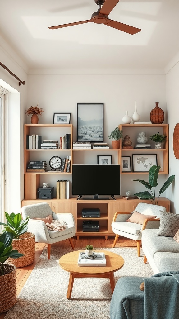 A cozy small living room featuring open shelving with books and decor, a TV unit, and comfortable seating.