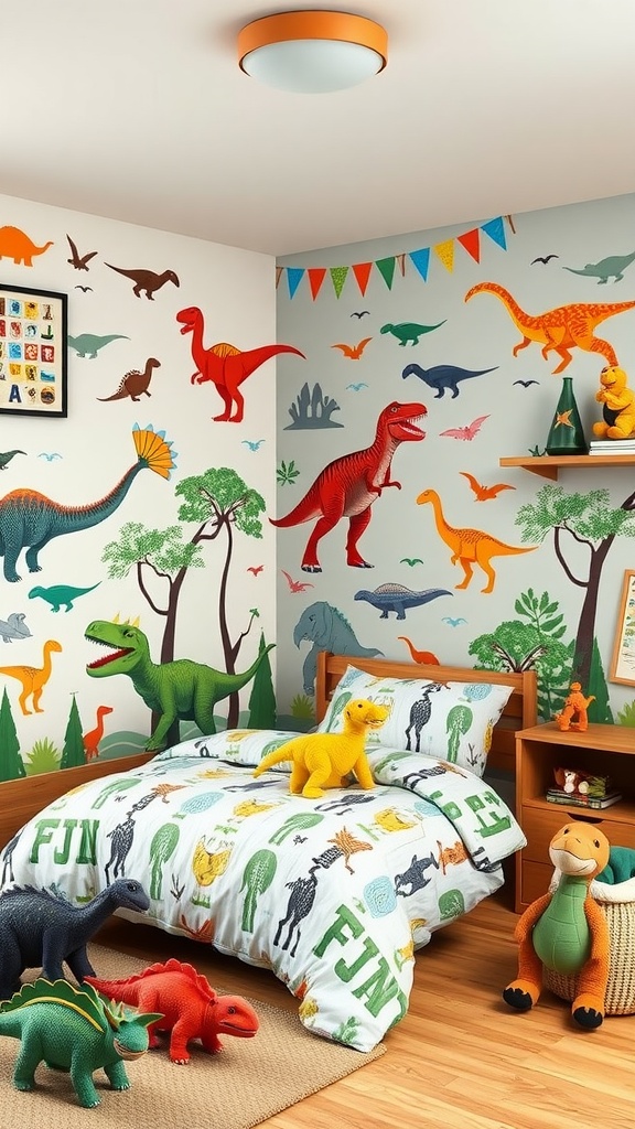 A colorful toddler bedroom decorated with dinosaur-themed wallpaper, bedding, and toys.