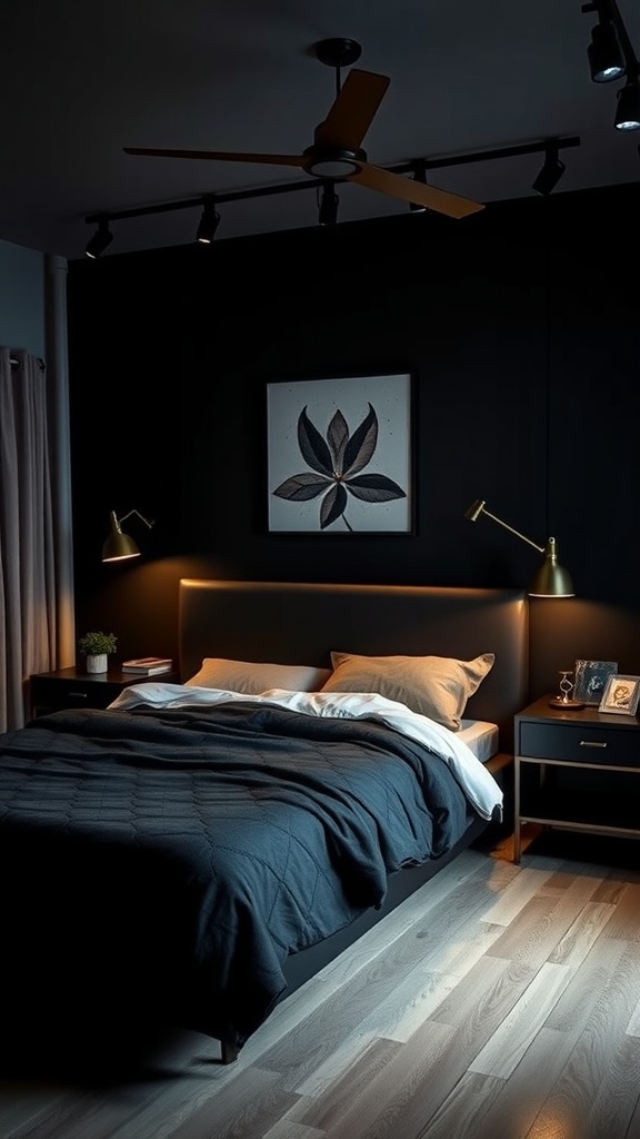 A stylish dark bedroom with a black bedframe, warm lighting, and modern decor.