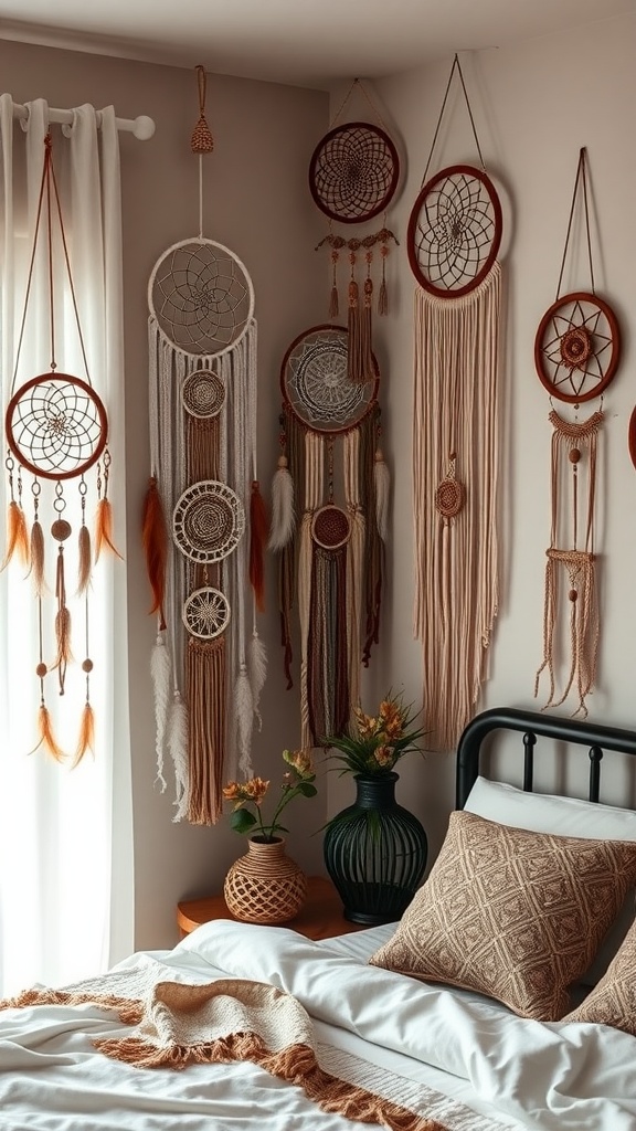 A cozy bedroom featuring various dreamcatchers and wall hangings on the wall, complemented by plants and textured pillows on the bed.