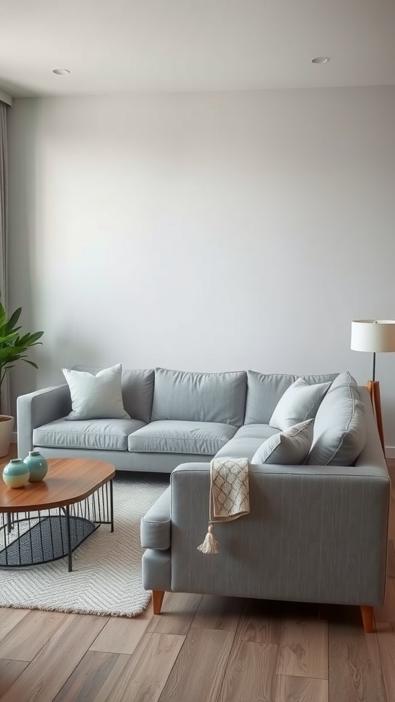 A stylish living room featuring a light grey couch, a wooden coffee table, and plants.