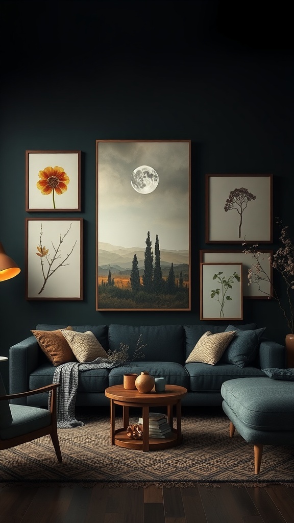 A dark earthy living room featuring nature-inspired artwork on the walls, with a blue couch and wooden coffee table.