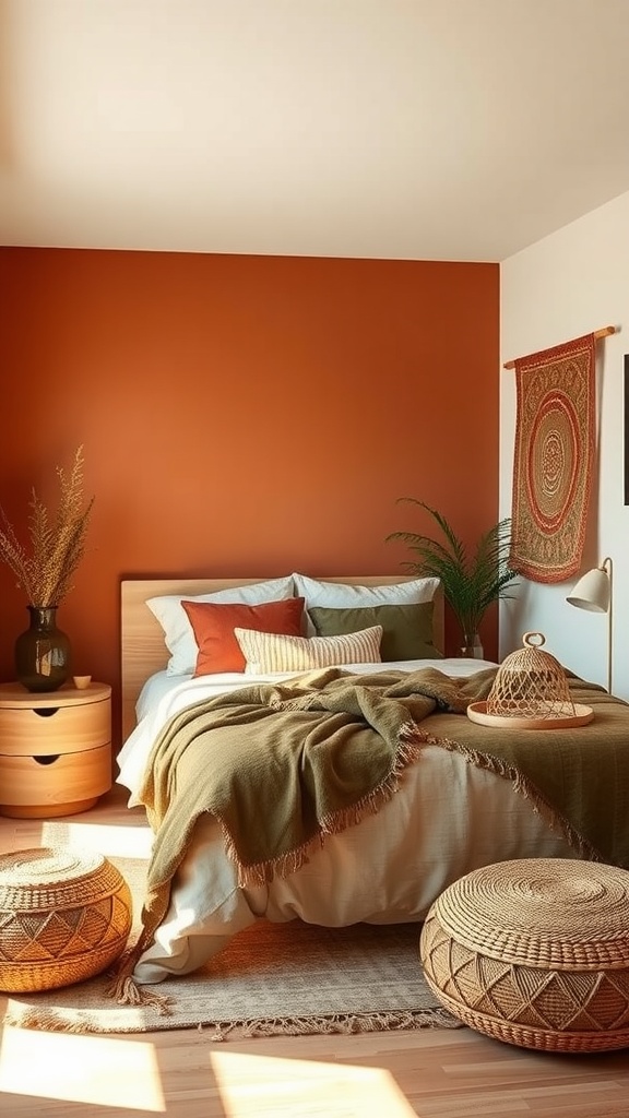 A cozy boho bedroom featuring earthy tones, a terracotta wall, green bedding, and woven decor elements.