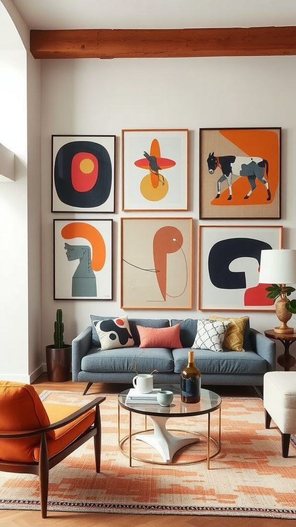 A living room featuring a vibrant eclectic art display on the wall with various framed artworks.