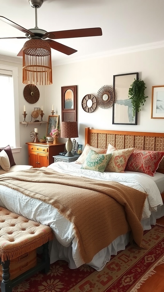 A cozy bohemian bedroom featuring a rattan bed, woven coffee table, and warm decor.