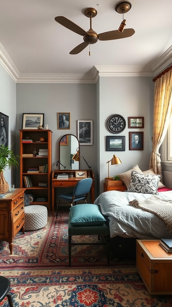 An eclectic bedroom featuring a mix of vintage frames, cozy bedding, and vibrant cushions.