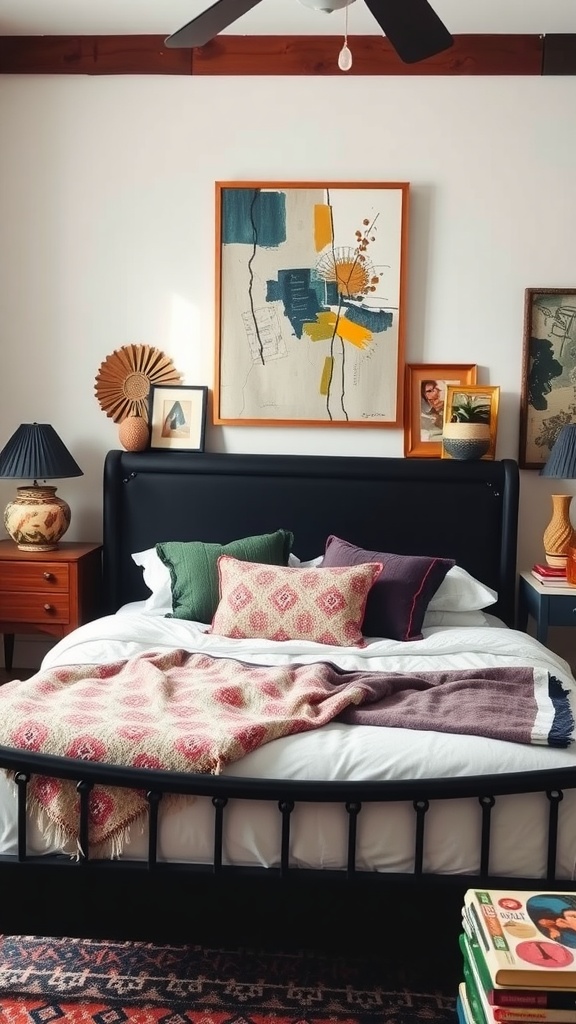 A cozy bedroom featuring a black bedframe, wooden floors, and eclectic decor.