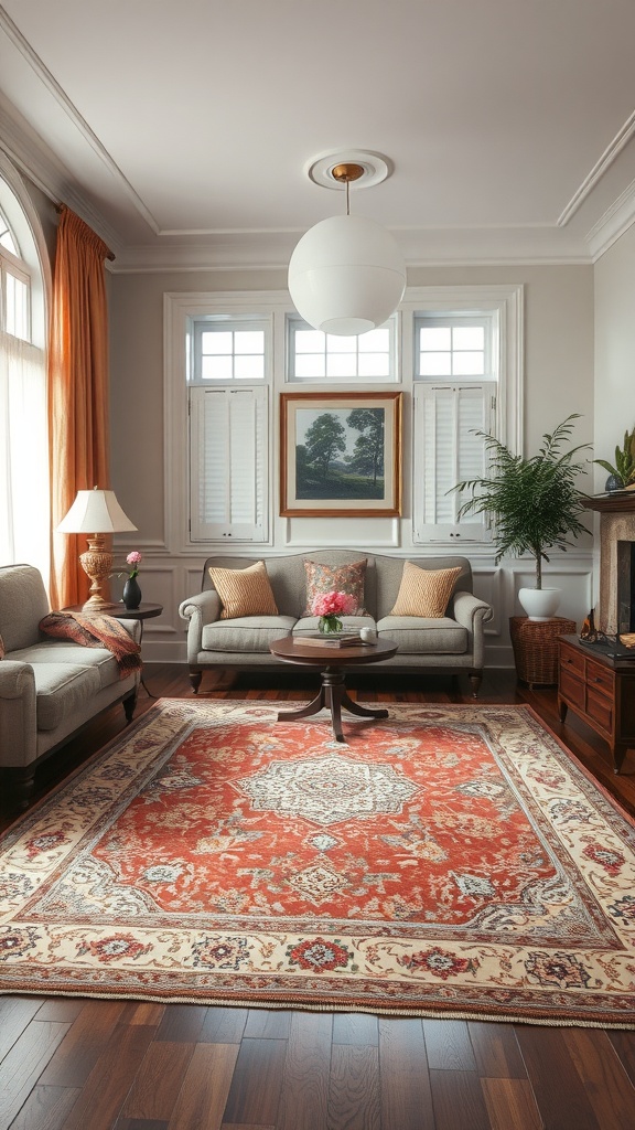 Cozy traditional living room with an elegant area rug, soft sofas, and natural light.