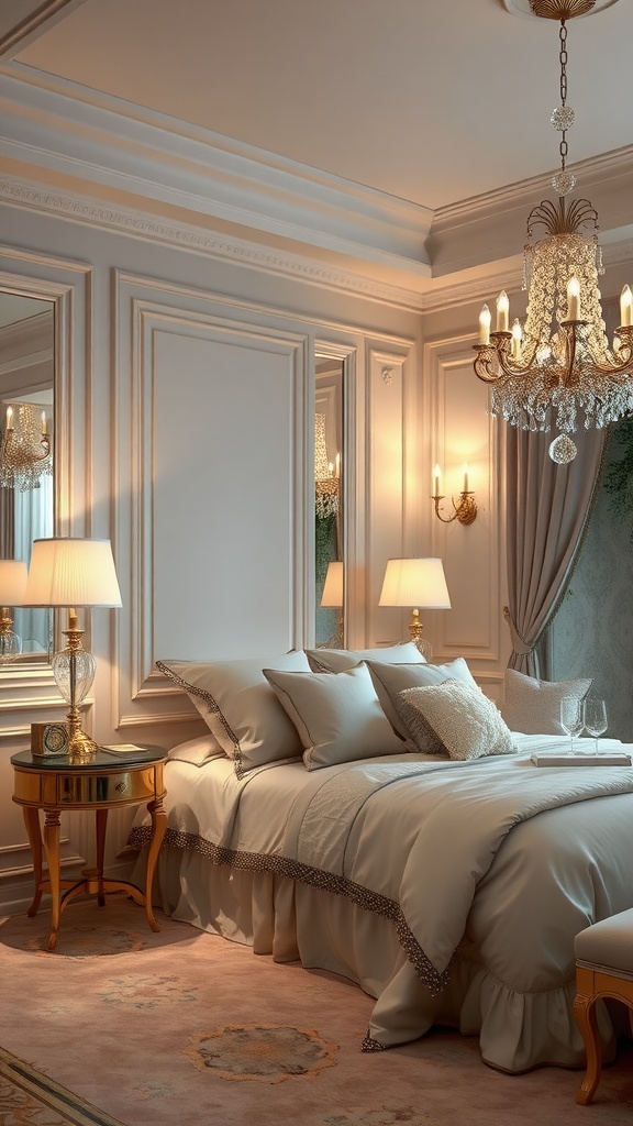 An elegant bedroom featuring crystal accents, a chandelier, and soft lighting.