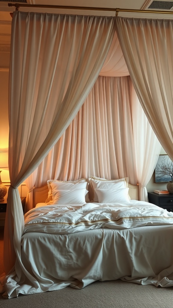 A cozy canopy bed with soft, flowing curtains and plush white bedding.