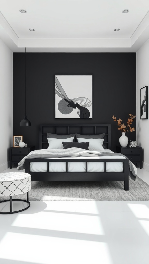 A modern black bedframe styled in a monochrome bedroom with white walls and artistic decor.