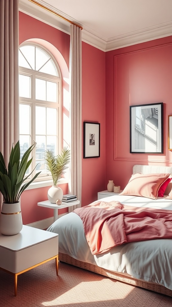 A beautifully decorated bedroom featuring a pink accent wall with natural light, plants, and stylish decor.