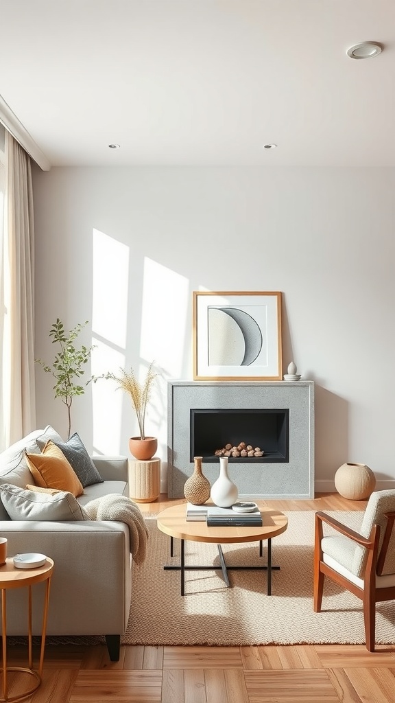 A minimalist living room with a cozy feel, featuring a soft color palette, comfortable furniture, and decorative items.