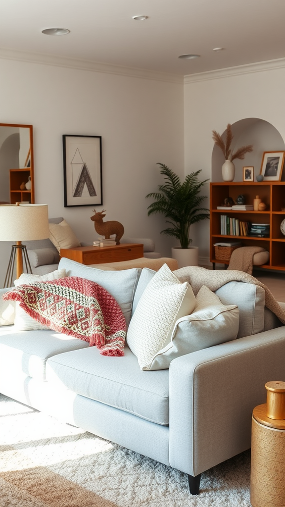 Light grey couch with orange pillows and a throw blanket in a cozy living room setting.