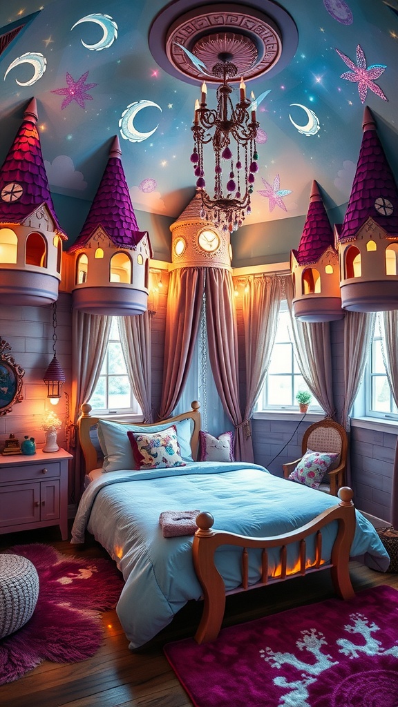 A toddler boy's fantasy bedroom with castle towers and cozy decor.