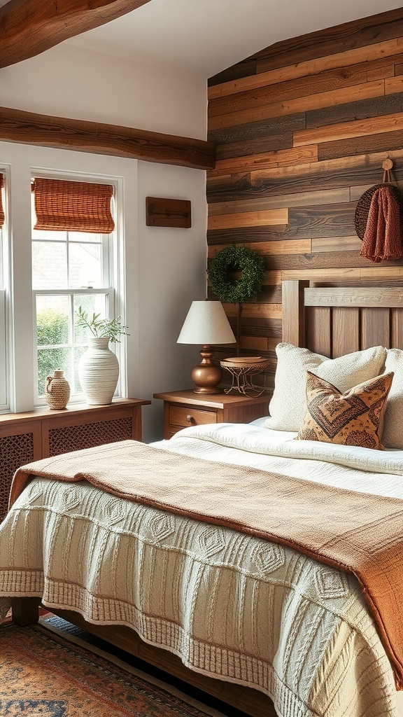 Cozy farmhouse chic bedroom with rustic wooden walls, a comfortable bed, and stylish decor.