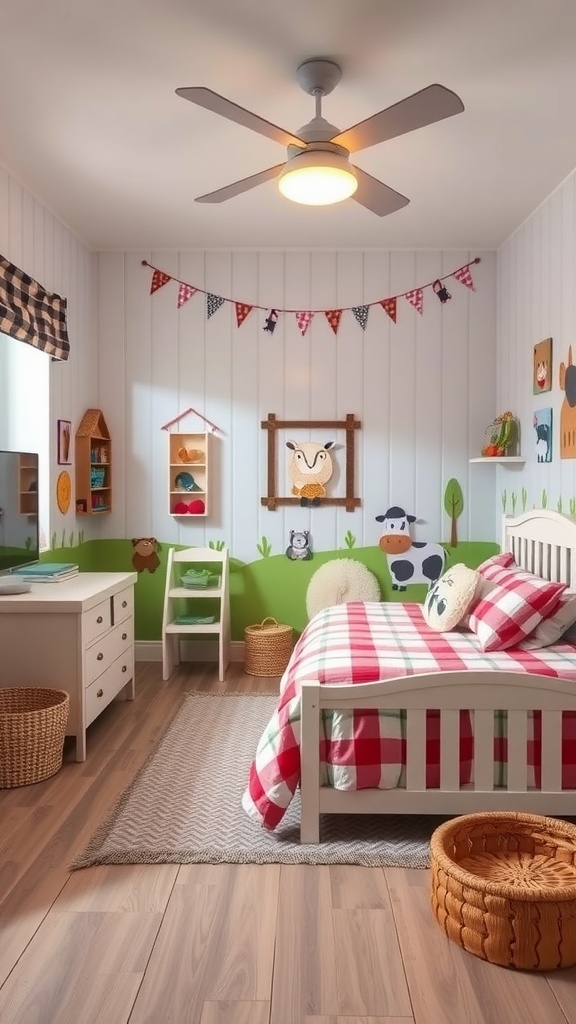 A toddler boy's bedroom designed with a farmyard theme, featuring animal decor, a checkered bedspread, and organized storage.