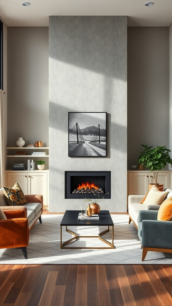 Modern living room featuring a sleek fireplace, bold colored furniture, and a striking wall art piece.