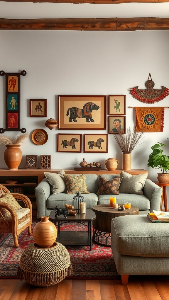 A cozy living room featuring folk art and craftsmanship with colorful wall decorations, a comfortable sofa, and a warm rug.