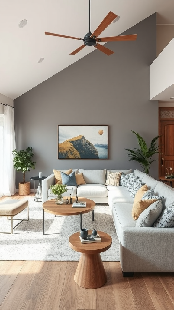 A cozy living room with light grey couches, a round coffee table, and a stylish decor.