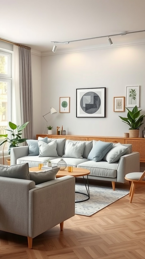 A cozy living room featuring a light grey couch, wooden furniture, and decorative plants.