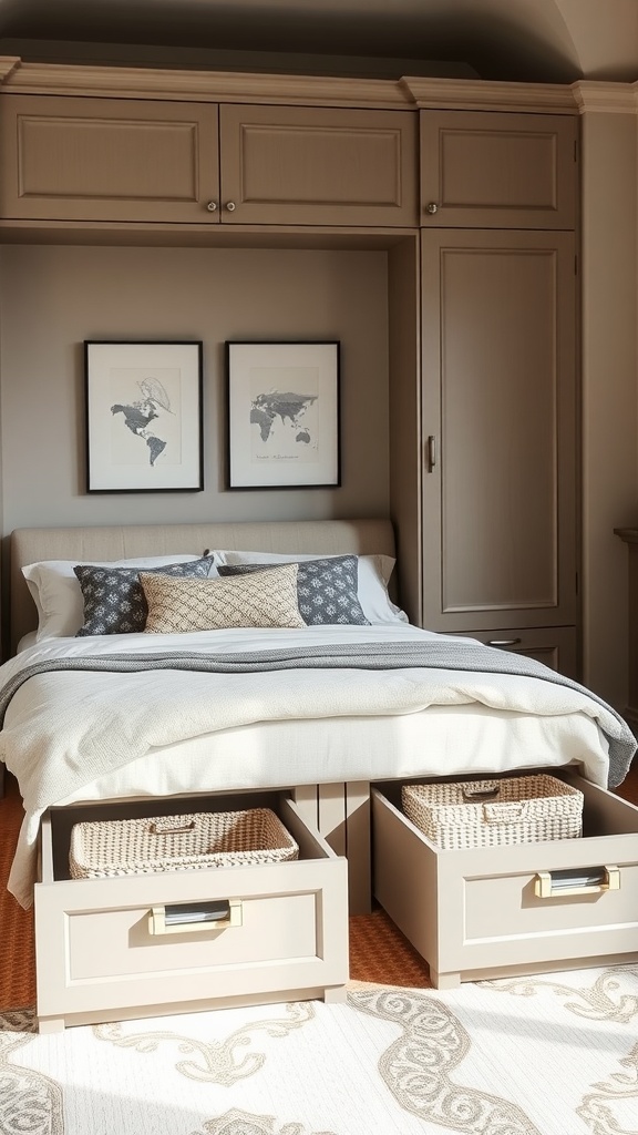 A cozy bedroom featuring a bed with storage underneath, including woven baskets and stylish bins.