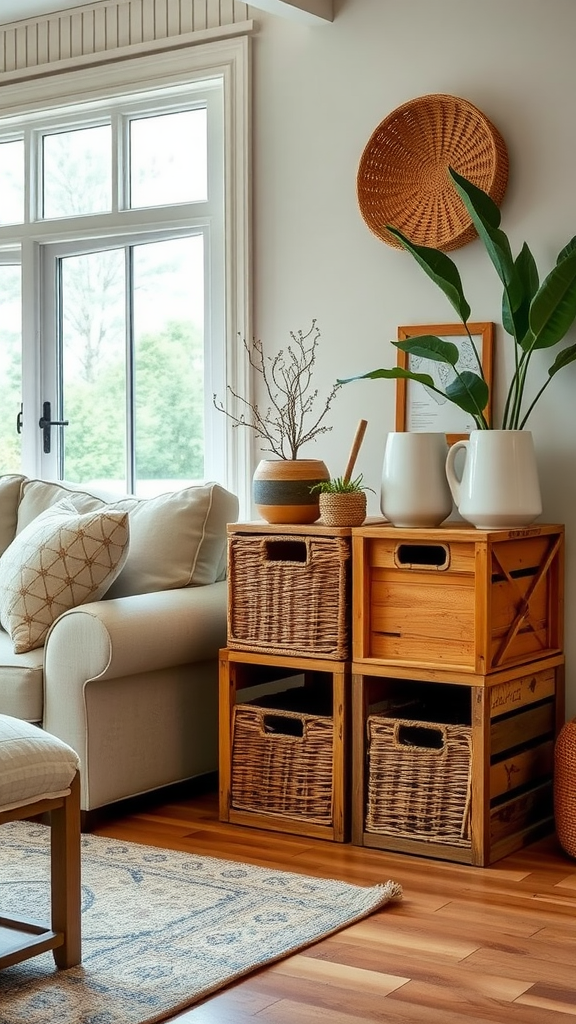 A cozy living room with rustic storage solutions, featuring wicker baskets, wooden shelves, and natural light.