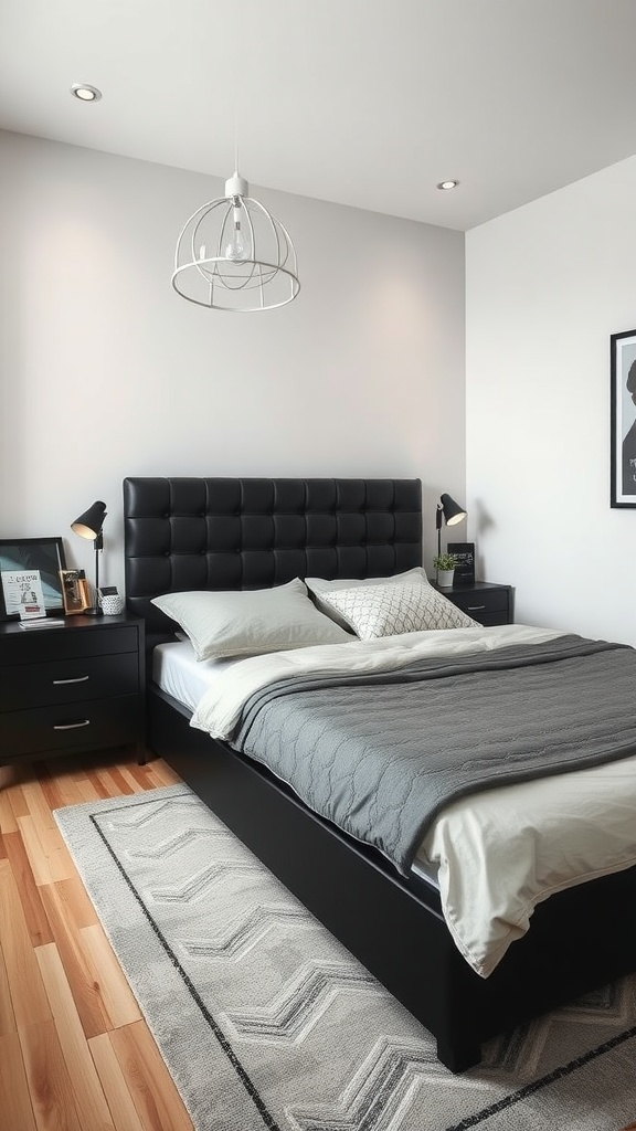 Modern bedroom with a black bedframe and functional storage solutions