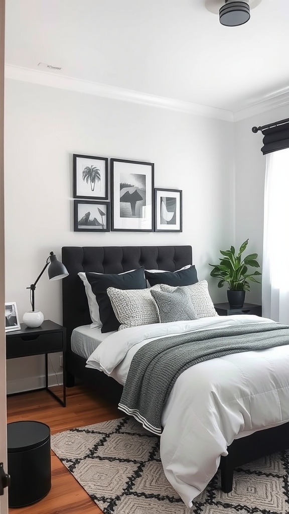 Stylish black, white, and gray small bedroom featuring a bed, desk, and decorative elements.